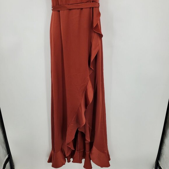 David's Bridal Cinnamon Faux Wrap Ruffley High Low Hem Maxi Bridesmaid Dress 6 - Picture 11 of 12